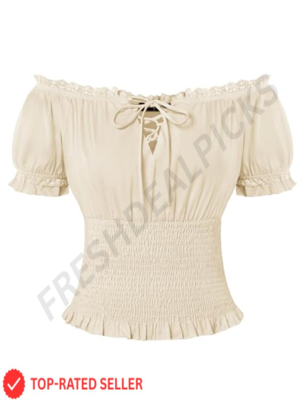 Cotton Off-Shoulder Peasant Blouse Puff Short Sleeve Smocked Waist Top